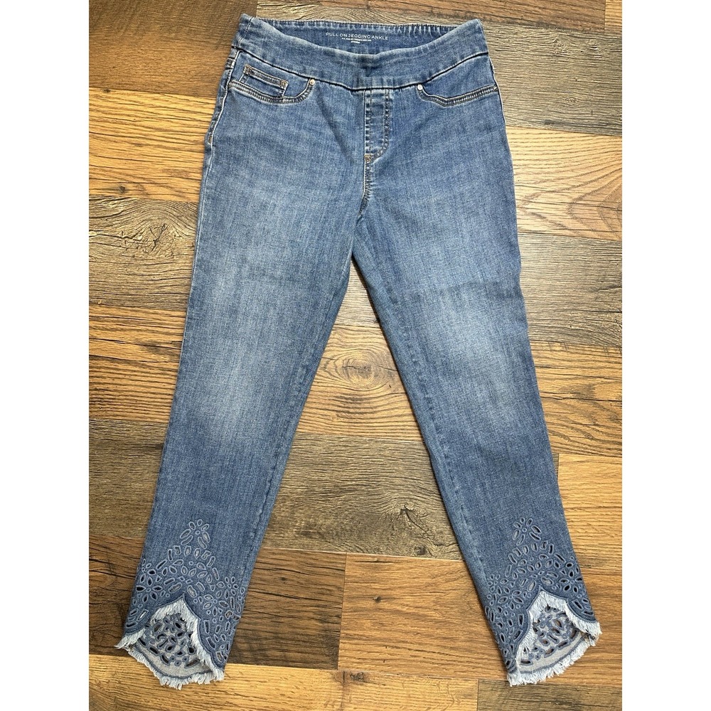 Chico's Pull-On‎ Slim Stretch Light Wash Ankle Jeans Fringe Eyelet Hem Women 00R